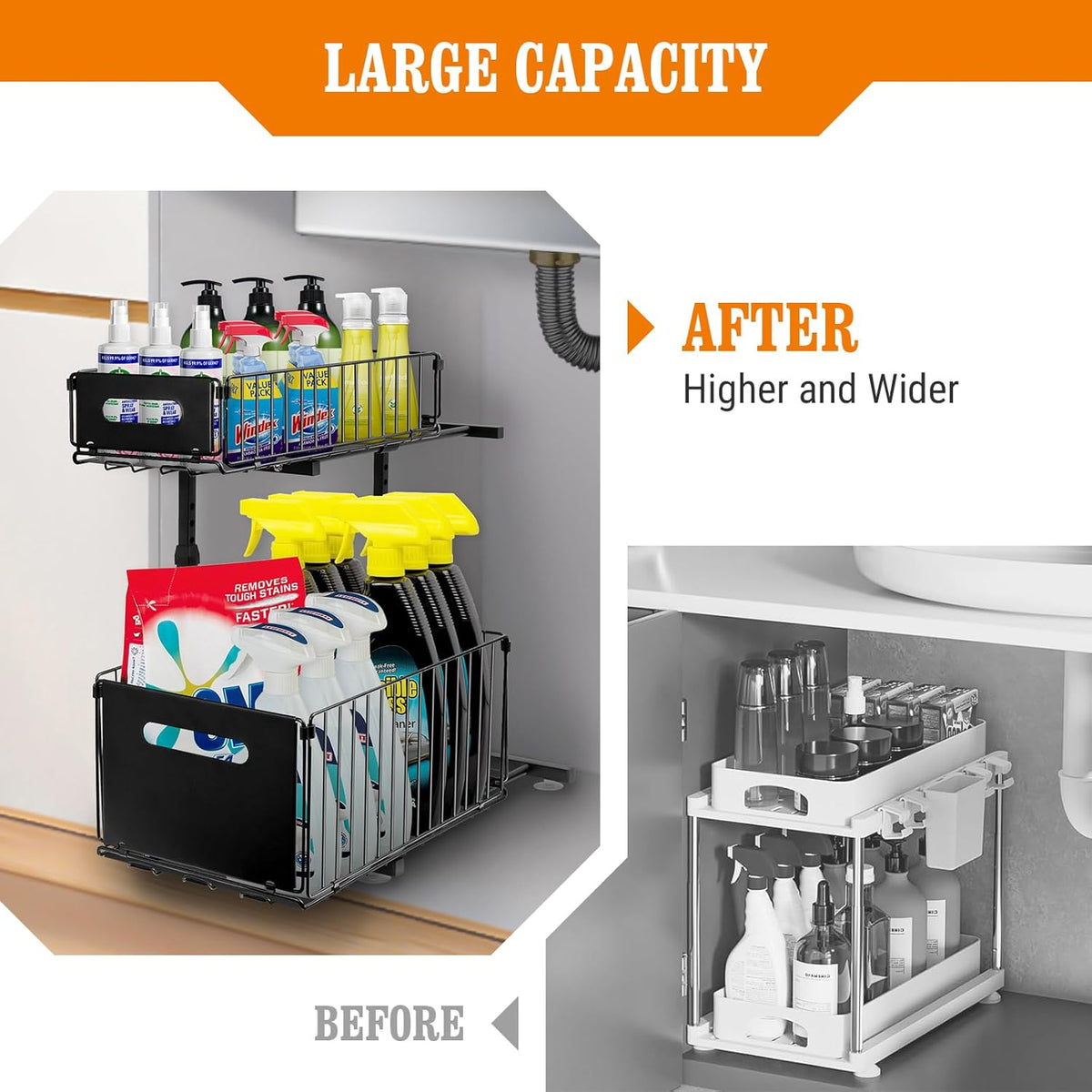 Under Sink Organizers and Storage, 2-Tier Pull Out Cabinet Organizer | Slide Sink Steel Shelf Cabinet Storage Shelves, Height Adjustable Under Sink Storage for Kitchen Bathroom, 2 Pack