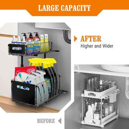 Under Sink Organizers and Storage, 2-Tier Pull Out Cabinet Organizer | Slide Sink Steel Shelf Cabinet Storage Shelves, Height Adjustable Under Sink Storage for Kitchen Bathroom, 2 Pack
