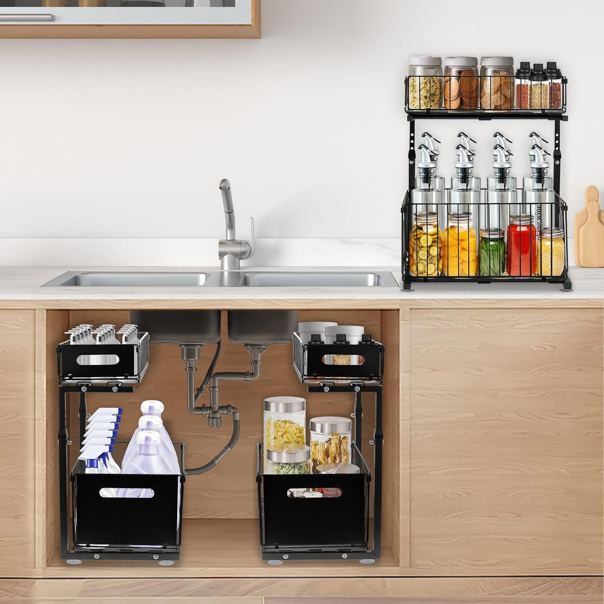 Under Sink Organizers and Storage, 2-Tier Pull Out Cabinet Organizer | Slide Sink Steel Shelf Cabinet Storage Shelves, Height Adjustable Under Sink Storage for Kitchen Bathroom, 2 Pack