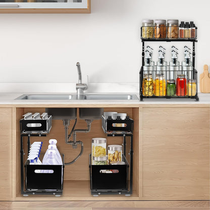 Under Sink Organizers and Storage, 2-Tier Pull Out Cabinet Organizer | Slide Sink Steel Shelf Cabinet Storage Shelves, Height Adjustable Under Sink Storage for Kitchen Bathroom, 2 Pack