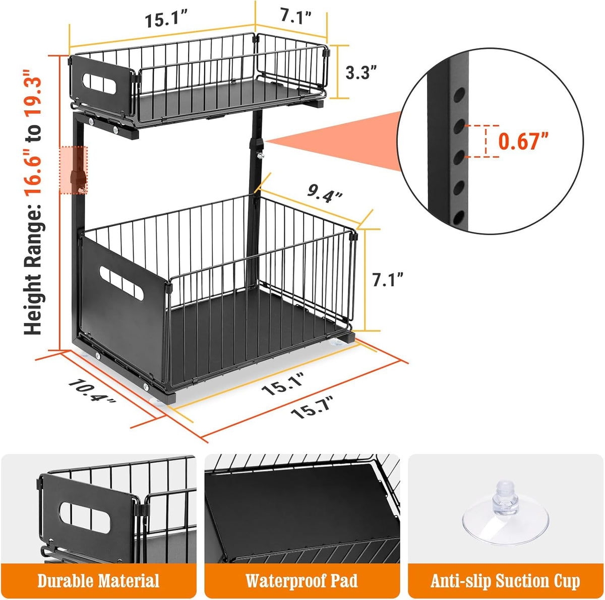 Under Sink Organizers and Storage, 2-Tier Pull Out Cabinet Organizer | Slide Sink Steel Shelf Cabinet Storage Shelves, Height Adjustable Under Sink Storage for Kitchen Bathroom, 2 Pack