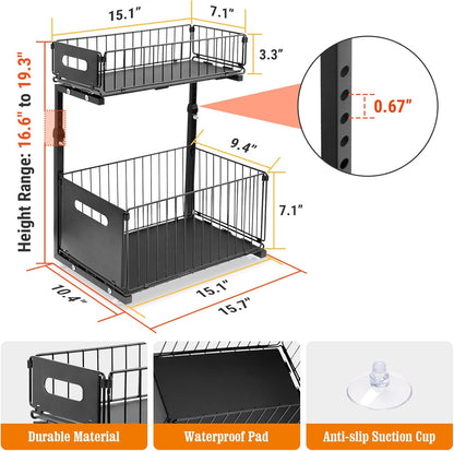 Under Sink Organizers and Storage, 2-Tier Pull Out Cabinet Organizer | Slide Sink Steel Shelf Cabinet Storage Shelves, Height Adjustable Under Sink Storage for Kitchen Bathroom, 2 Pack