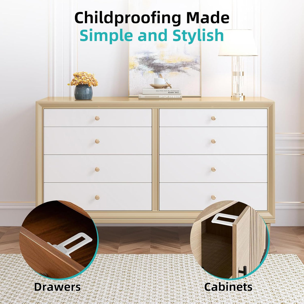 Child Safety Cabinet Locks (10 Pack) – Hidden Child Proof Cabinet Locks with Extra-Long Locking Arm, Strong Adhesive for Most Cabinets & Drawers, Easy to Install Baby Proofing Locks