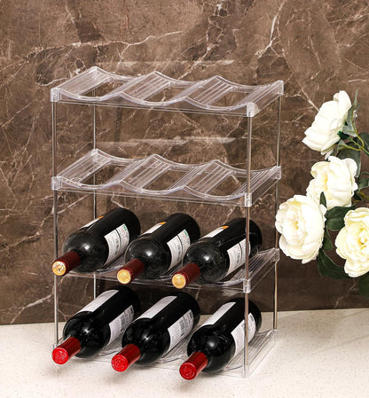 3 Tier Stackable Wine and Water Bottle Holder Free-Standing Fridge Wine Bottle Organizers Clear Plastic Water Bottle Holder for Cabinet,Refrigerator,Pantry,Kitchen Countertops,Holds 9 Bottles
