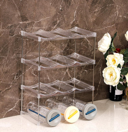 3 Tier Stackable Wine and Water Bottle Holder Free-Standing Fridge Wine Bottle Organizers Clear Plastic Water Bottle Holder for Cabinet,Refrigerator,Pantry,Kitchen Countertops,Holds 9 Bottles