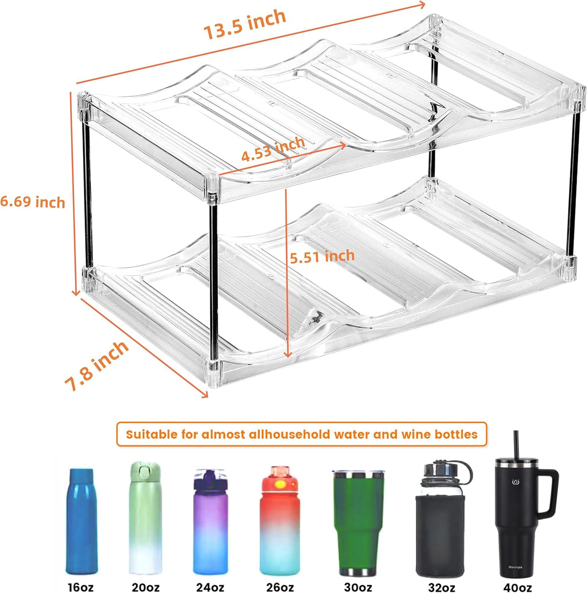 3 Tier Stackable Wine and Water Bottle Holder Free-Standing Fridge Wine Bottle Organizers Clear Plastic Water Bottle Holder for Cabinet,Refrigerator,Pantry,Kitchen Countertops,Holds 9 Bottles