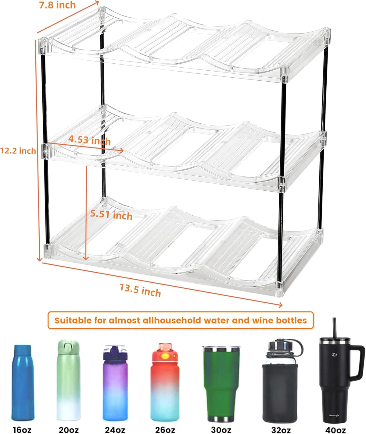 3 Tier Stackable Wine and Water Bottle Holder Free-Standing Fridge Wine Bottle Organizers Clear Plastic Water Bottle Holder for Cabinet,Refrigerator,Pantry,Kitchen Countertops,Holds 9 Bottles
