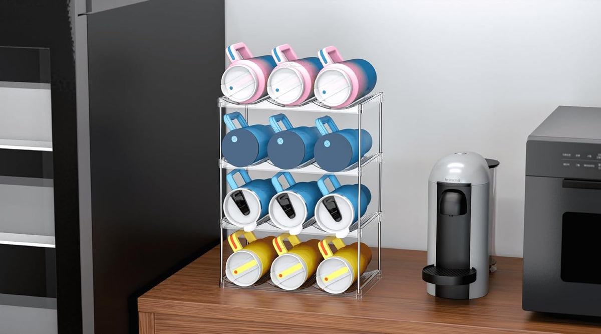 3 Tier Stackable Wine and Water Bottle Holder Free-Standing Fridge Wine Bottle Organizers Clear Plastic Water Bottle Holder for Cabinet,Refrigerator,Pantry,Kitchen Countertops,Holds 9 Bottles