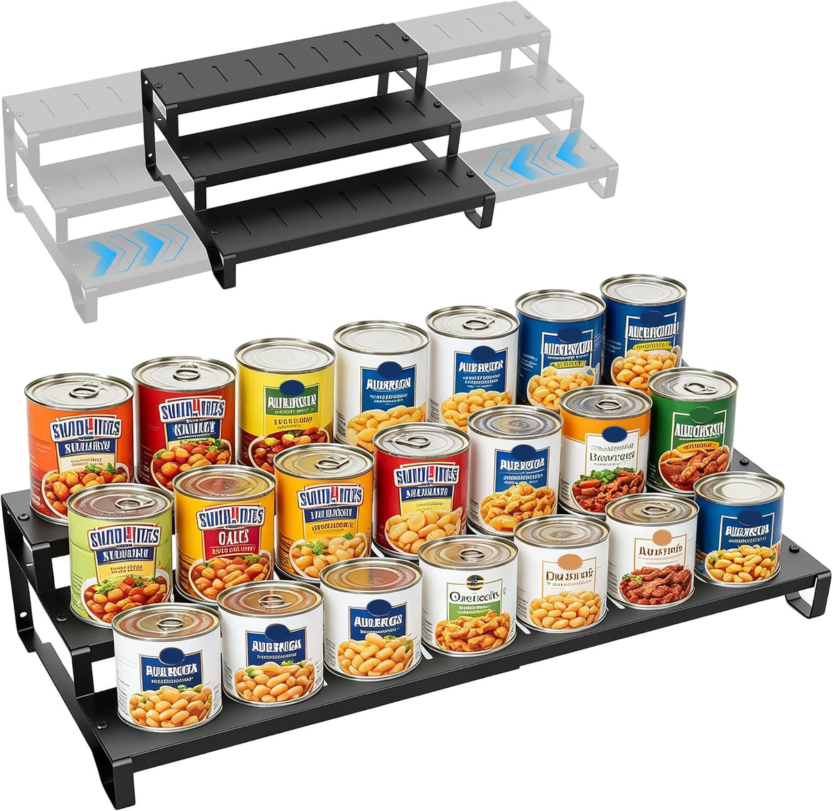Expandable Can Organizer for Pantry, 3-Tier Adjustable Metal Can Rack | Tiered Countertop Shelf, Adjustable height Pantry Organizer for Kitchen Cabinet, Countertop & Canned Goods Storage