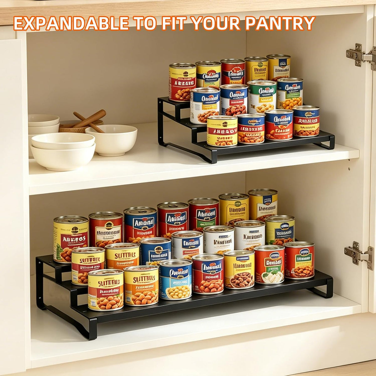 Expandable Can Organizer for Pantry, 3-Tier Adjustable Metal Can Rack | Tiered Countertop Shelf, Adjustable height Pantry Organizer for Kitchen Cabinet, Countertop & Canned Goods Storage