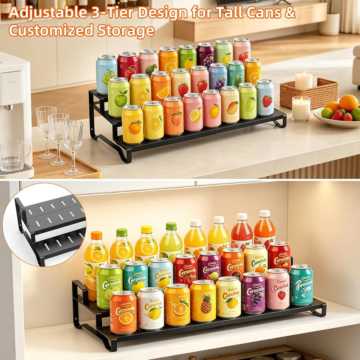 Expandable Can Organizer for Pantry, 3-Tier Adjustable Metal Can Rack | Tiered Countertop Shelf, Adjustable height Pantry Organizer for Kitchen Cabinet, Countertop & Canned Goods Storage