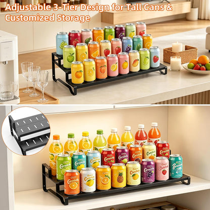 Expandable Can Organizer for Pantry, 3-Tier Adjustable Metal Can Rack | Tiered Countertop Shelf, Adjustable height Pantry Organizer for Kitchen Cabinet, Countertop & Canned Goods Storage