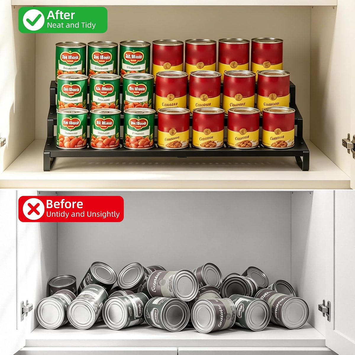 Expandable Can Organizer for Pantry, 3-Tier Adjustable Metal Can Rack | Tiered Countertop Shelf, Adjustable height Pantry Organizer for Kitchen Cabinet, Countertop & Canned Goods Storage