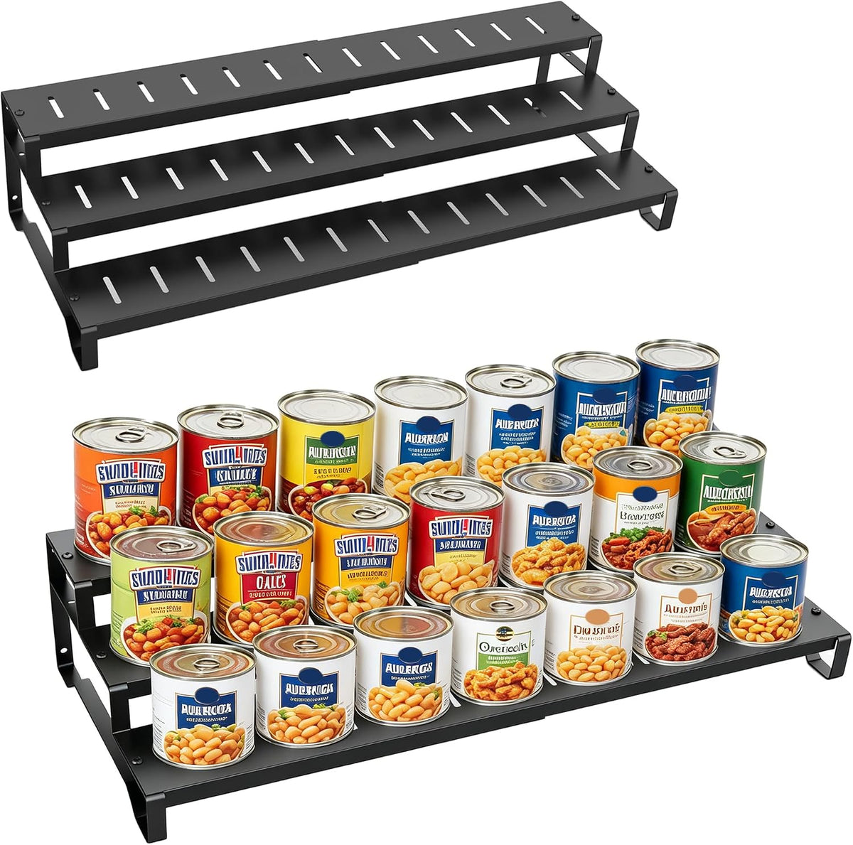 Expandable Can Organizer for Pantry, 3-Tier Adjustable Metal Can Rack | Tiered Countertop Shelf, Adjustable height Pantry Organizer for Kitchen Cabinet, Countertop & Canned Goods Storage