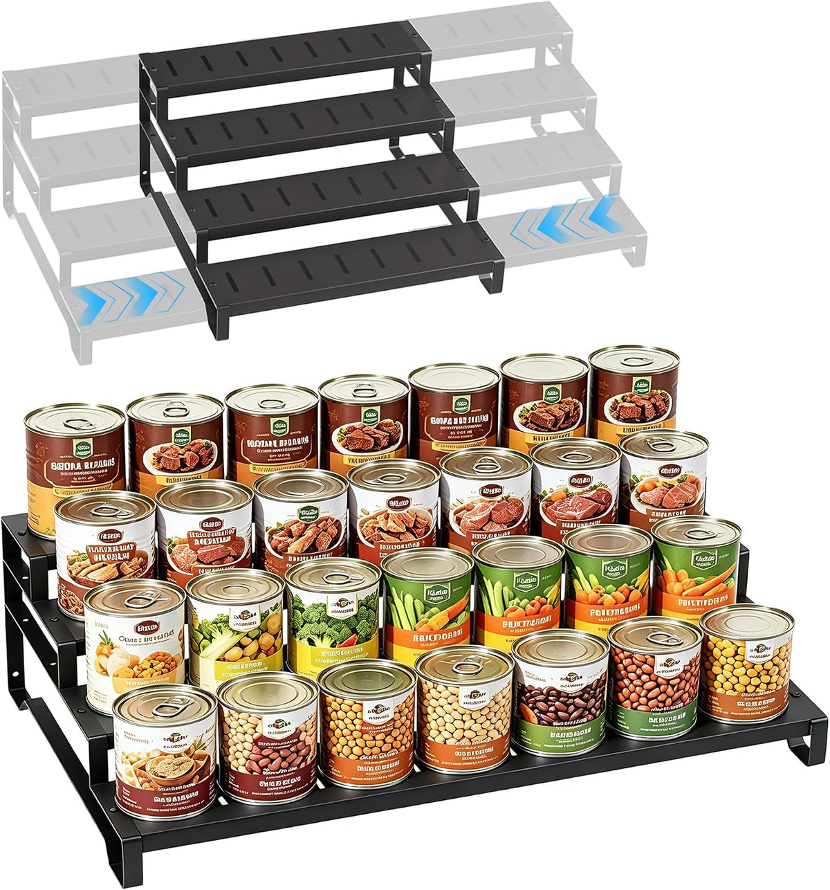 Expandable Can Organizer for Pantry, 3-Tier Adjustable Metal Can Rack | Tiered Countertop Shelf, Adjustable height Pantry Organizer for Kitchen Cabinet, Countertop & Canned Goods Storage