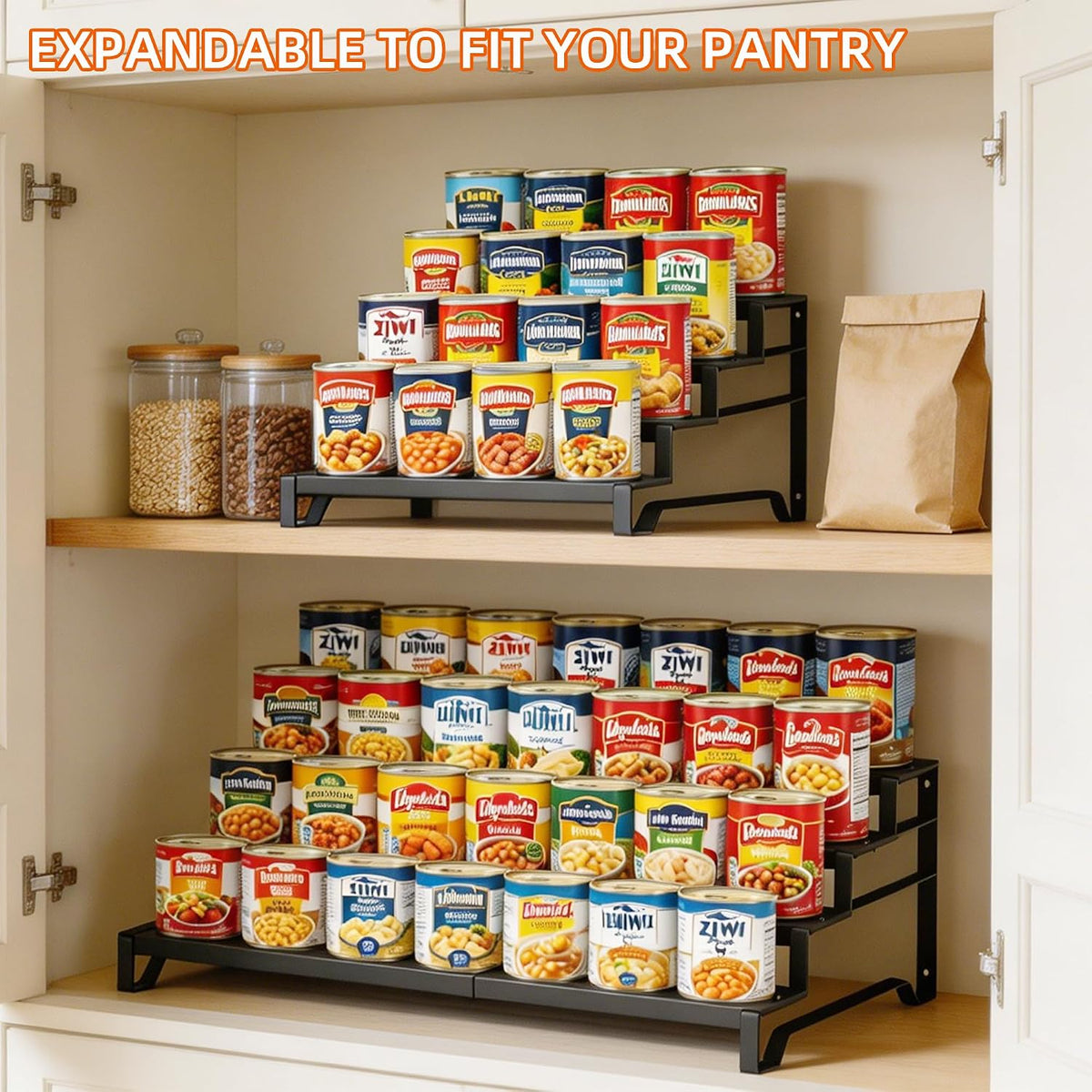 Expandable Can Organizer for Pantry, 3-Tier Adjustable Metal Can Rack | Tiered Countertop Shelf, Adjustable height Pantry Organizer for Kitchen Cabinet, Countertop & Canned Goods Storage