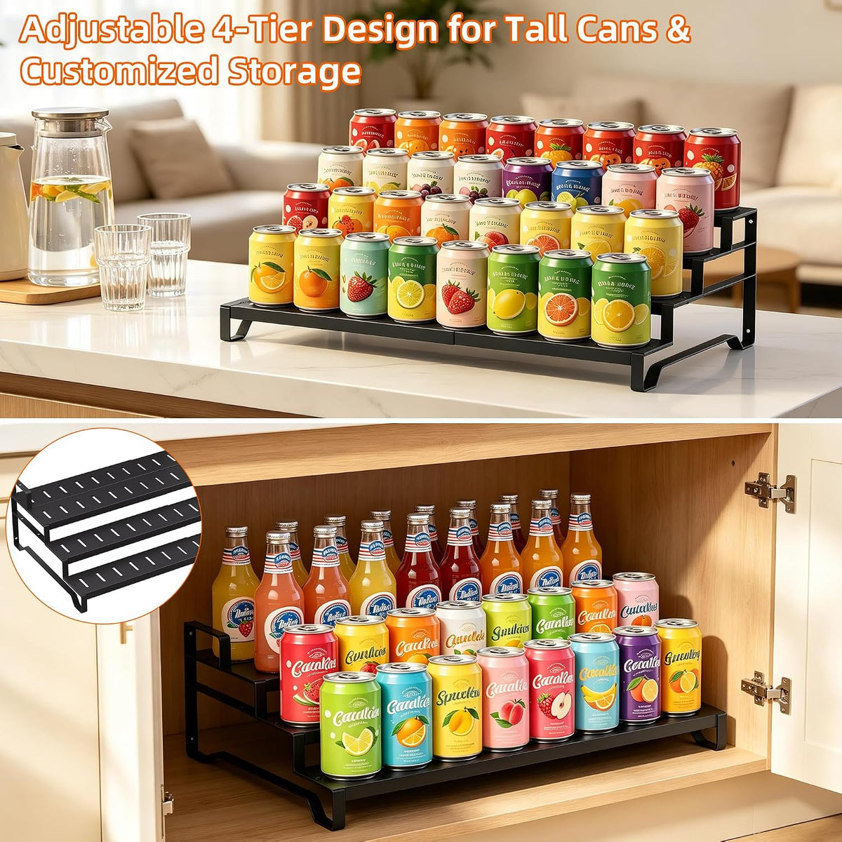 Expandable Can Organizer for Pantry, 3-Tier Adjustable Metal Can Rack | Tiered Countertop Shelf, Adjustable height Pantry Organizer for Kitchen Cabinet, Countertop & Canned Goods Storage