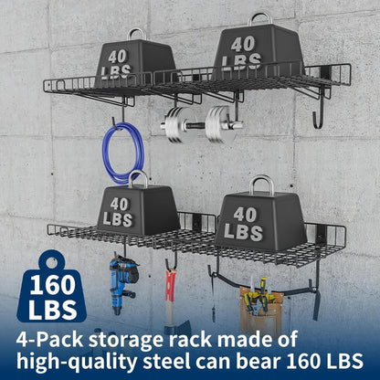 4 Pack Garage Wall Shelf, Wall Mounted Storage Shelves, Heavy Duty Metal Shelves for Room Wall, Loads 160 LBS Floating Shelves Mesh Storage Rack for Garage, Office, Basement,Wall Cabinet and Kitchen