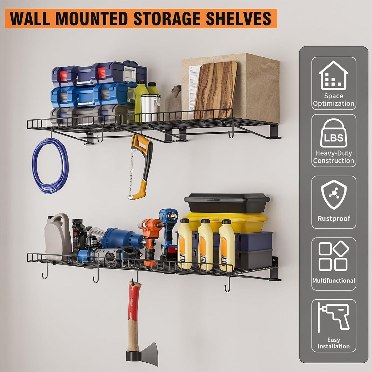 4 Pack Garage Wall Shelf, Wall Mounted Storage Shelves, Heavy Duty Metal Shelves for Room Wall, Loads 160 LBS Floating Shelves Mesh Storage Rack for Garage, Office, Basement,Wall Cabinet and Kitchen