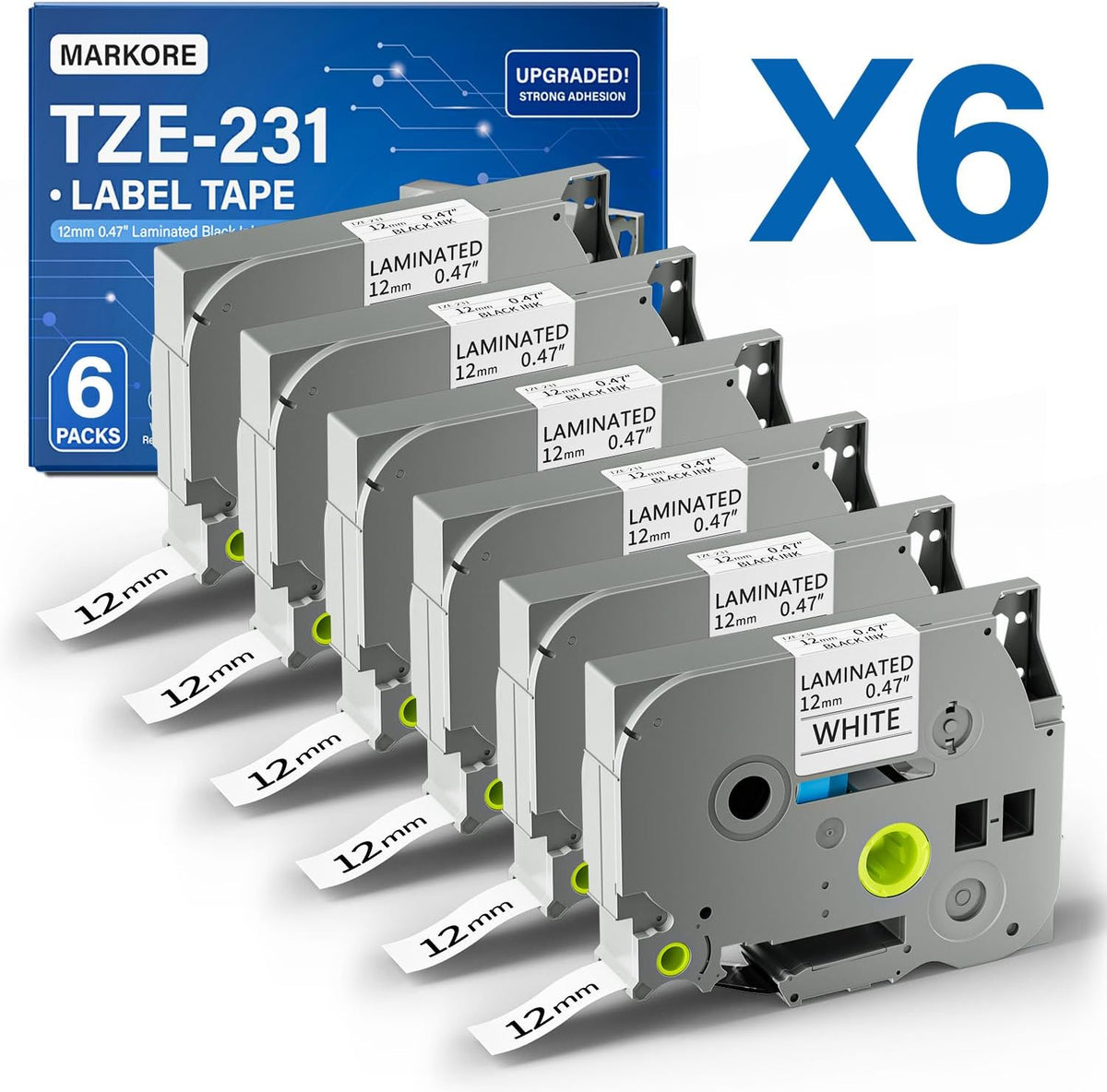 TZe-231 Label Maker Tape Refills, 6 Pack 12mm 0.47 Inch Laminated Black on White Label Tape, Replacement for PT-D210 PT-H110 PTD220 PTD400 PTD600 PT-P300BT PT-P700 PT-E550W Label Makers, 26.2 ft Each