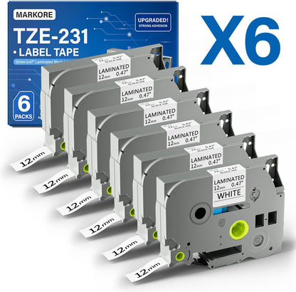 TZe-231 Label Maker Tape Refills, 6 Pack 12mm 0.47 Inch Laminated Black on White Label Tape, Replacement for PT-D210 PT-H110 PTD220 PTD400 PTD600 PT-P300BT PT-P700 PT-E550W Label Makers, 26.2 ft Each