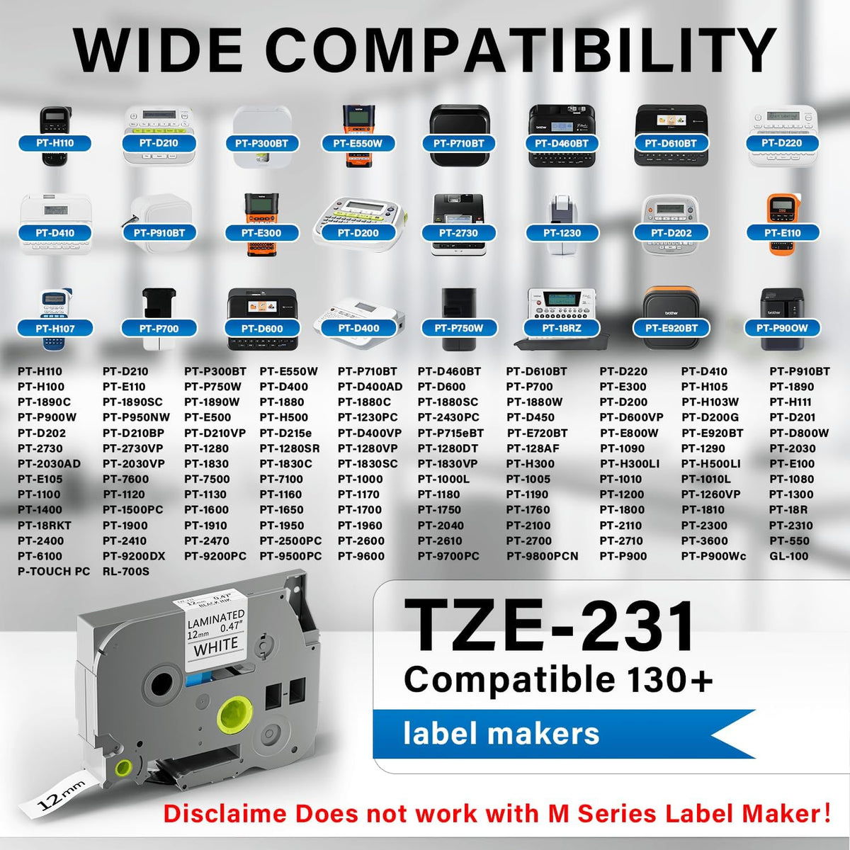 TZe-231 Label Maker Tape Refills, 6 Pack 12mm 0.47 Inch Laminated Black on White Label Tape, Replacement for PT-D210 PT-H110 PTD220 PTD400 PTD600 PT-P300BT PT-P700 PT-E550W Label Makers, 26.2 ft Each