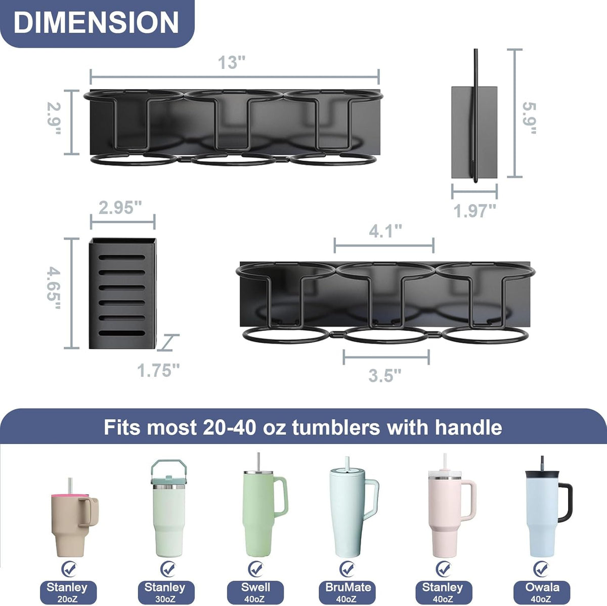 Magnetic Cup Holder for Refrigerator, Fits Stanley 20/30/40 oz Tumblers, Water Bottles Organizer with Lid Rack & Straw Holder Black Kitchen Cup Storage Rack for Stanley Cup Accessories
