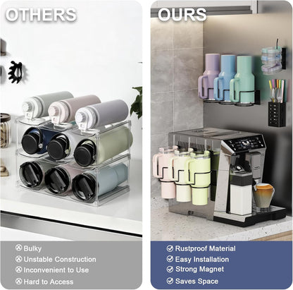 Magnetic Cup Holder for Refrigerator, Fits Stanley 20/30/40 oz Tumblers, Water Bottles Organizer with Lid Rack & Straw Holder Black Kitchen Cup Storage Rack for Stanley Cup Accessories