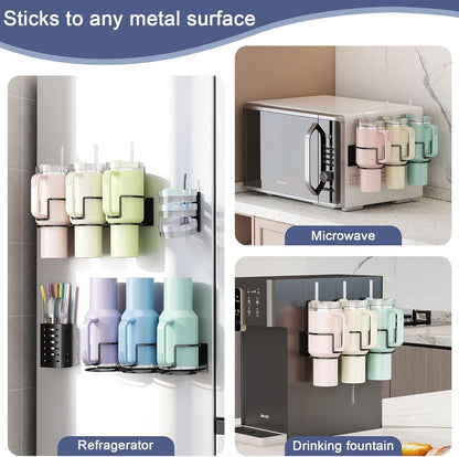 Magnetic Cup Holder for Refrigerator, Fits Stanley 20/30/40 oz Tumblers, Water Bottles Organizer with Lid Rack & Straw Holder Black Kitchen Cup Storage Rack for Stanley Cup Accessories