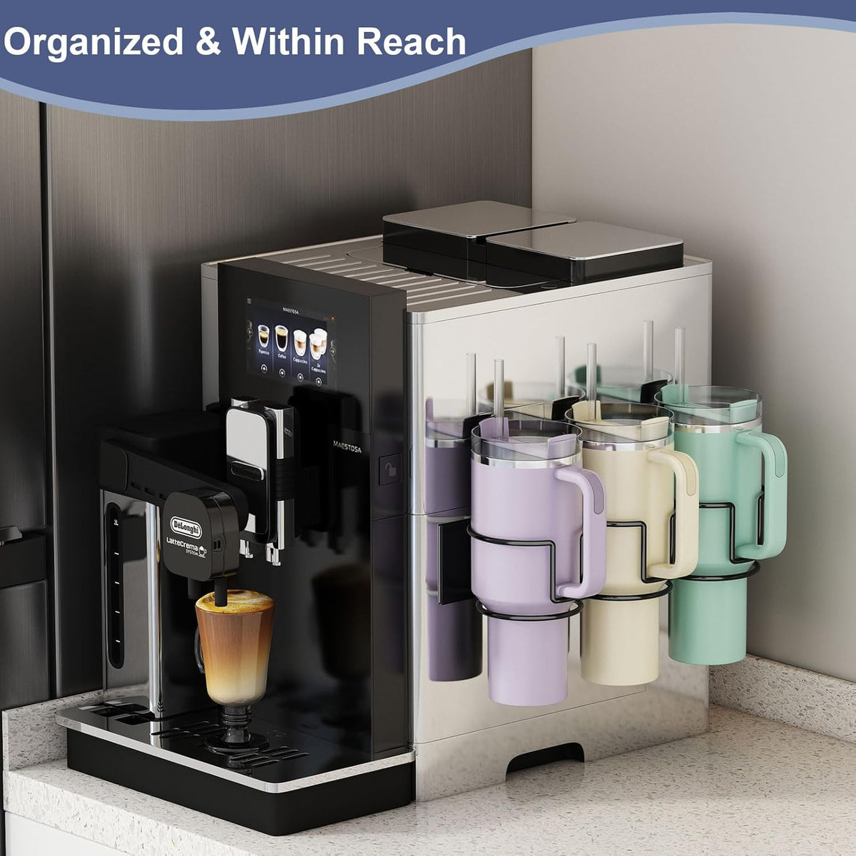 Magnetic Cup Holder for Refrigerator, Fits Stanley 20/30/40 oz Tumblers, Water Bottles Organizer with Lid Rack & Straw Holder Black Kitchen Cup Storage Rack for Stanley Cup Accessories