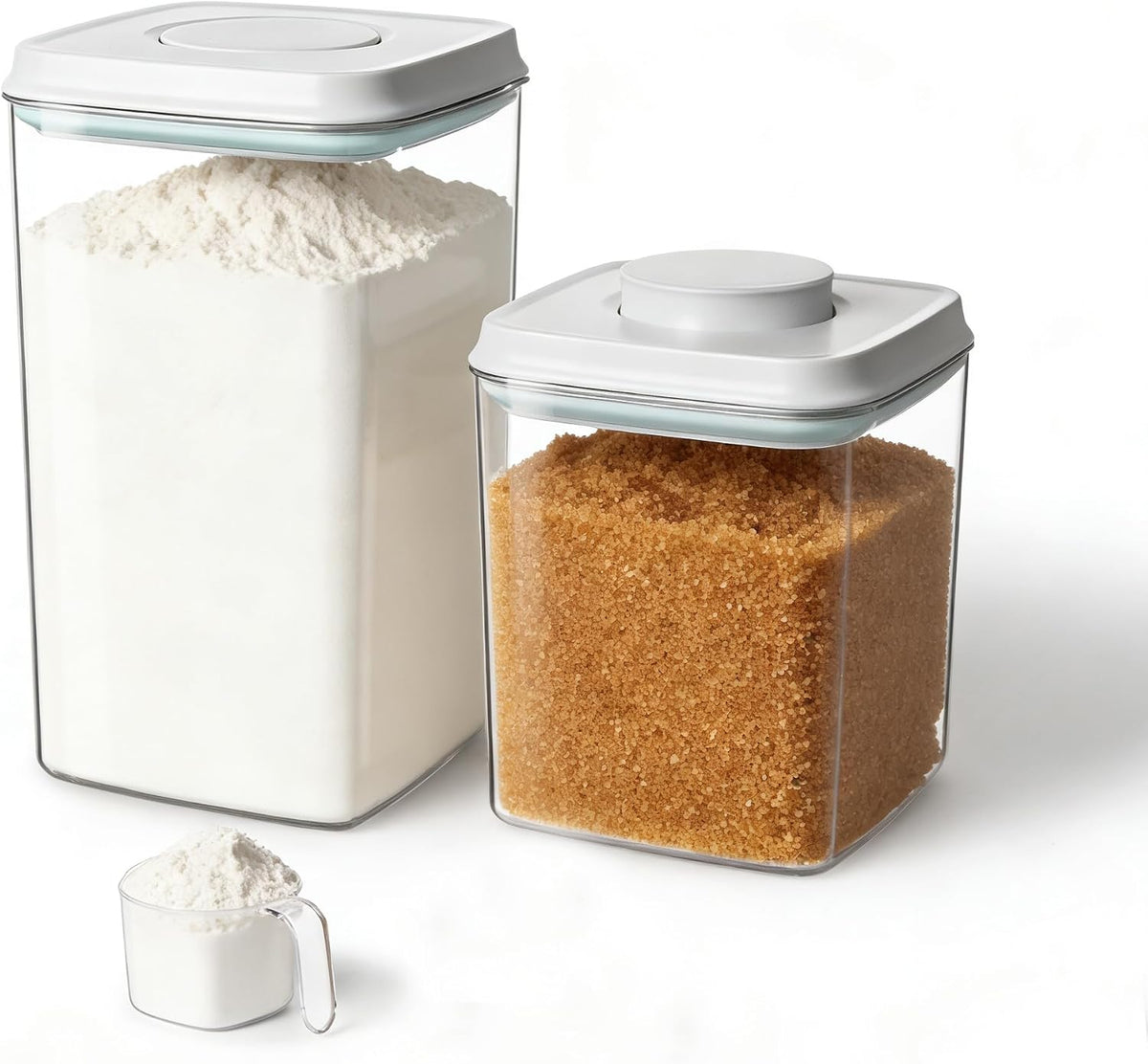 Airtight Container Set - (380ml 4 Pcs) Stackable One Button Openning Food Containers for Snacks Candy Salt Herbs Spices BPA-Free Tranparent (0.32 QT * 4)
