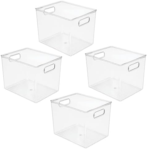 mDesign Plastic Deep Kitchen and Pantry Organizer Storage Bin with Handles for Cabinet, Fridge, Freezer - Food Storage Containers for Snacks, Yogurt Pouches or Fruit, Ligne Collection, 4 Pack, Clear