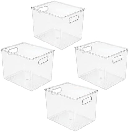 mDesign Plastic Deep Kitchen and Pantry Organizer Storage Bin with Handles for Cabinet, Fridge, Freezer - Food Storage Containers for Snacks, Yogurt Pouches or Fruit, Ligne Collection, 4 Pack, Clear