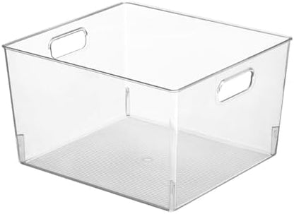 mDesign Plastic Deep Kitchen and Pantry Organizer Storage Bin with Handles for Cabinet, Fridge, Freezer - Food Storage Containers for Snacks, Yogurt Pouches or Fruit, Ligne Collection, 4 Pack, Clear