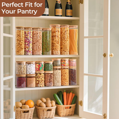 Glass Storage Containers with Lids, Set of 6 Jars (0.6Qt/1Qt/1.5Qt) | Glass Pantry Storage Containers, Pantry Organization, BPA Free, Kitchen Canisters, Dry Food Flour Cereal Sugar Tea Coffee