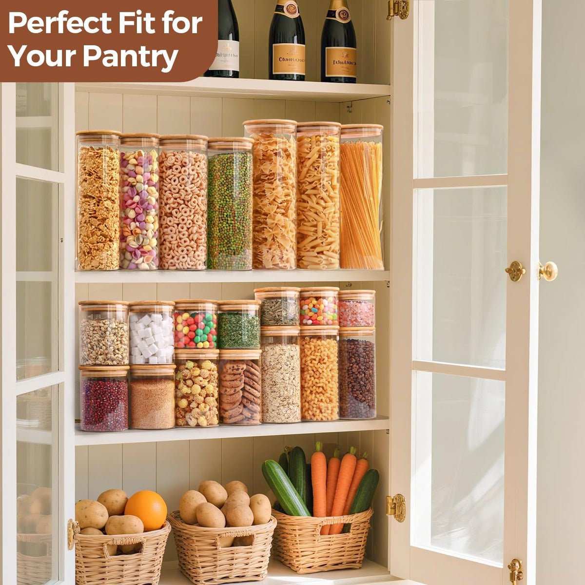 Glass Storage Containers with Lids, Set of 6 Jars (0.6Qt/1Qt/1.5Qt) | Glass Pantry Storage Containers, Pantry Organization, BPA Free, Kitchen Canisters, Dry Food Flour Cereal Sugar Tea Coffee