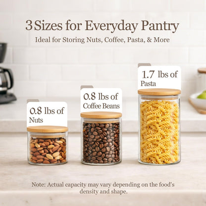 Glass Storage Containers with Lids, Set of 6 Jars (0.6Qt/1Qt/1.5Qt) | Glass Pantry Storage Containers, Pantry Organization, BPA Free, Kitchen Canisters, Dry Food Flour Cereal Sugar Tea Coffee