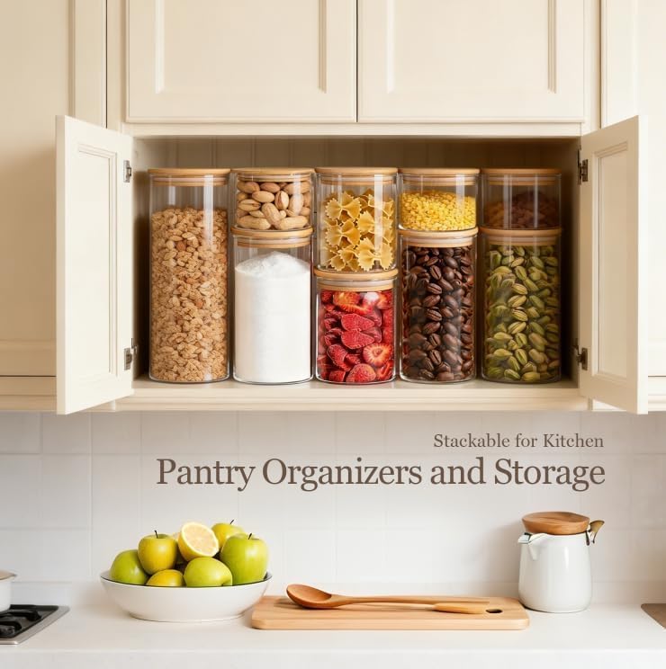 Glass Storage Containers with Lids, Set of 6 Jars (0.6Qt/1Qt/1.5Qt) | Glass Pantry Storage Containers, Pantry Organization, BPA Free, Kitchen Canisters, Dry Food Flour Cereal Sugar Tea Coffee