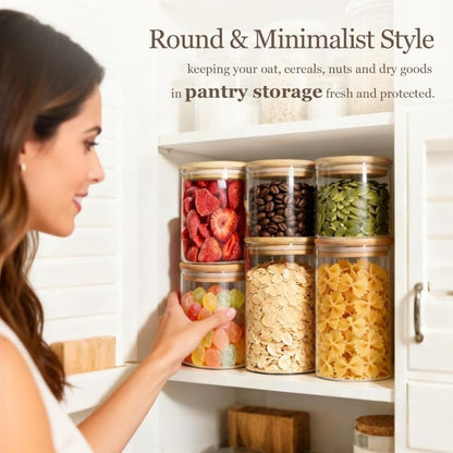 Glass Storage Containers with Lids, Set of 6 Jars (0.6Qt/1Qt/1.5Qt) | Glass Pantry Storage Containers, Pantry Organization, BPA Free, Kitchen Canisters, Dry Food Flour Cereal Sugar Tea Coffee