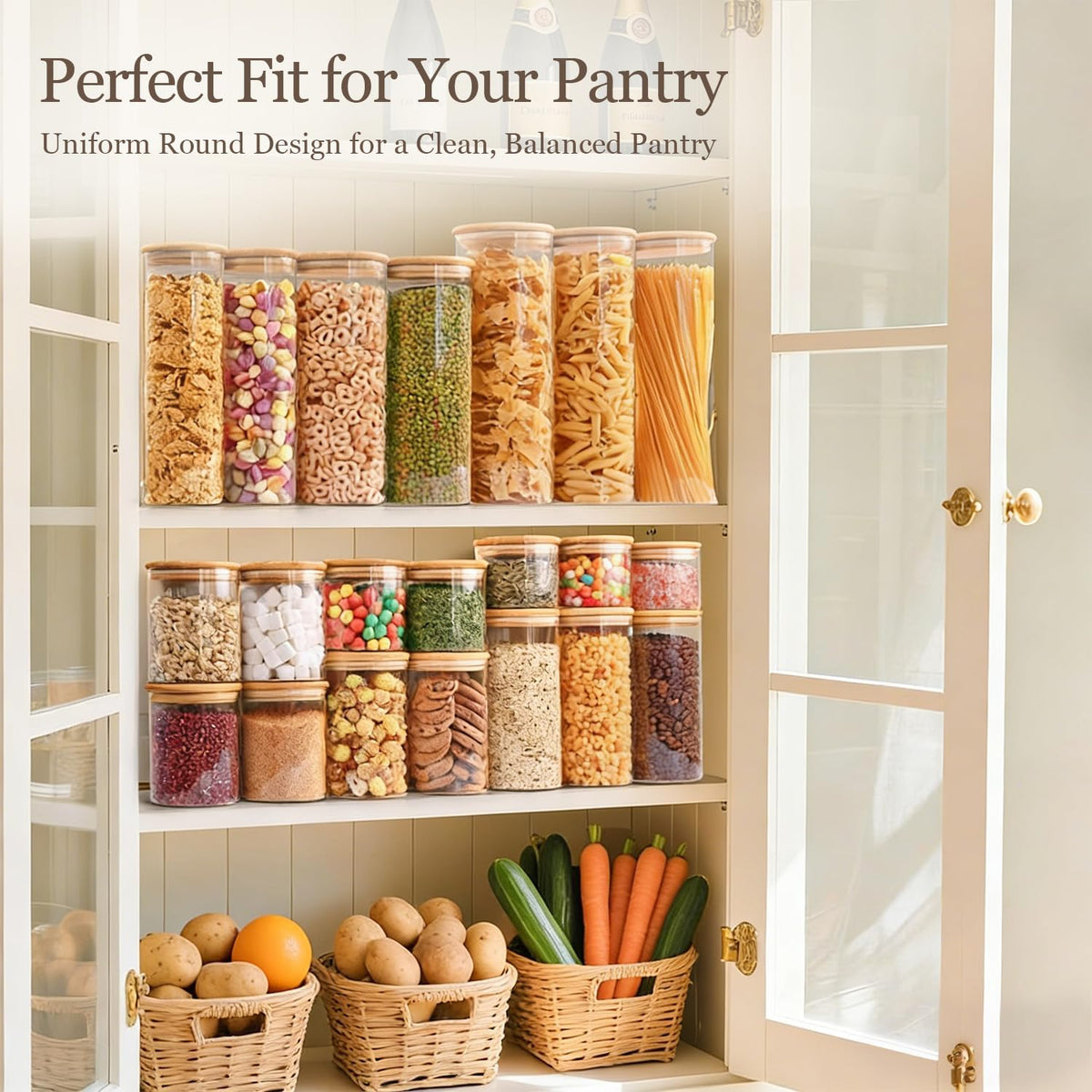 Glass Storage Containers with Lids, Set of 6 Jars (0.6Qt/1Qt/1.5Qt) | Glass Pantry Storage Containers, Pantry Organization, BPA Free, Kitchen Canisters, Dry Food Flour Cereal Sugar Tea Coffee