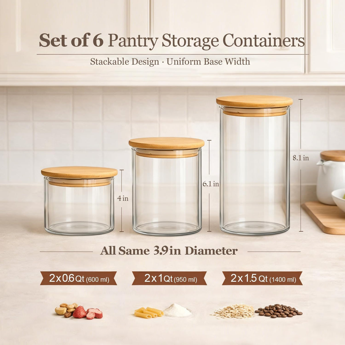 Glass Storage Containers with Lids, Set of 6 Jars (0.6Qt/1Qt/1.5Qt) | Glass Pantry Storage Containers, Pantry Organization, BPA Free, Kitchen Canisters, Dry Food Flour Cereal Sugar Tea Coffee