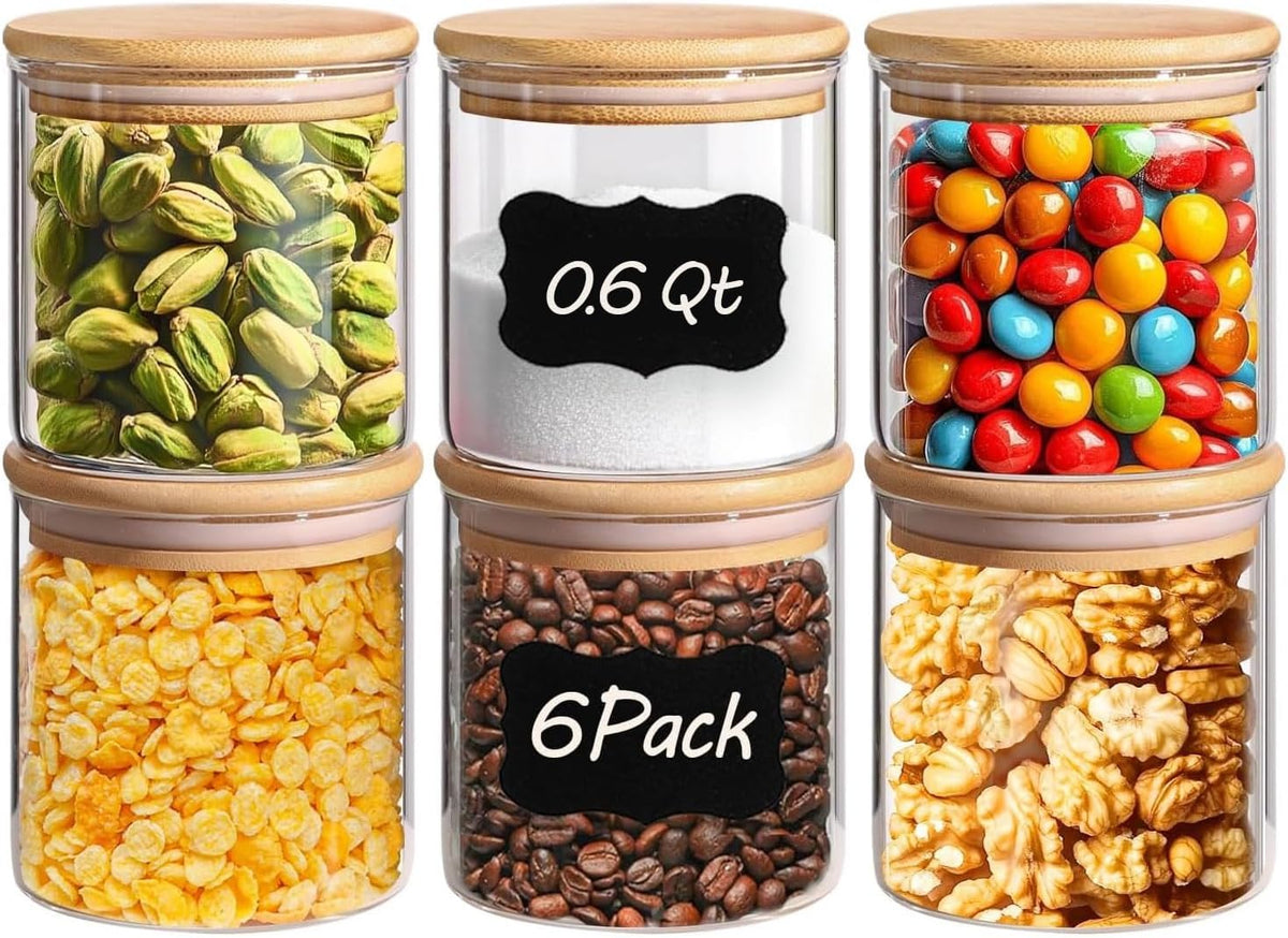 Glass Storage Containers with Lids, Set of 6 Jars (0.6Qt/1Qt/1.5Qt) | Glass Pantry Storage Containers, Pantry Organization, BPA Free, Kitchen Canisters, Dry Food Flour Cereal Sugar Tea Coffee