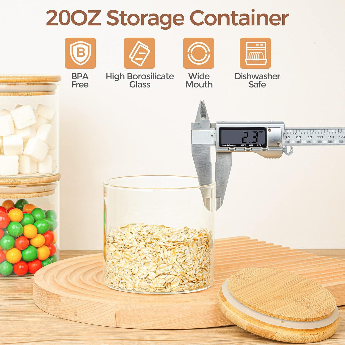 Glass Storage Containers with Lids, Set of 6 Jars (0.6Qt/1Qt/1.5Qt) | Glass Pantry Storage Containers, Pantry Organization, BPA Free, Kitchen Canisters, Dry Food Flour Cereal Sugar Tea Coffee