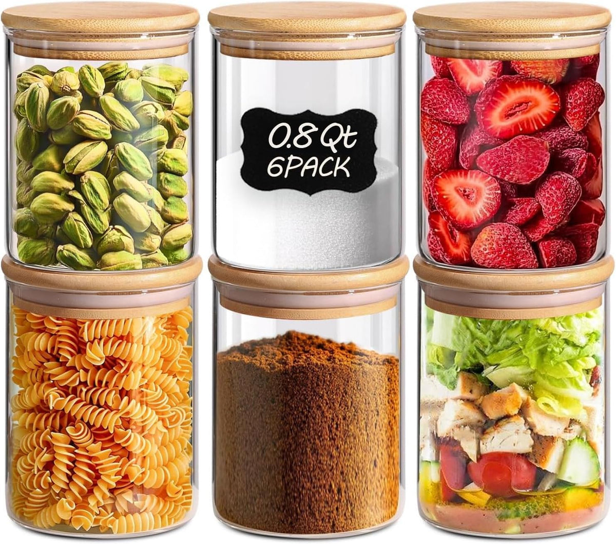 Glass Storage Containers with Lids, Set of 6 Jars (0.6Qt/1Qt/1.5Qt) | Glass Pantry Storage Containers, Pantry Organization, BPA Free, Kitchen Canisters, Dry Food Flour Cereal Sugar Tea Coffee