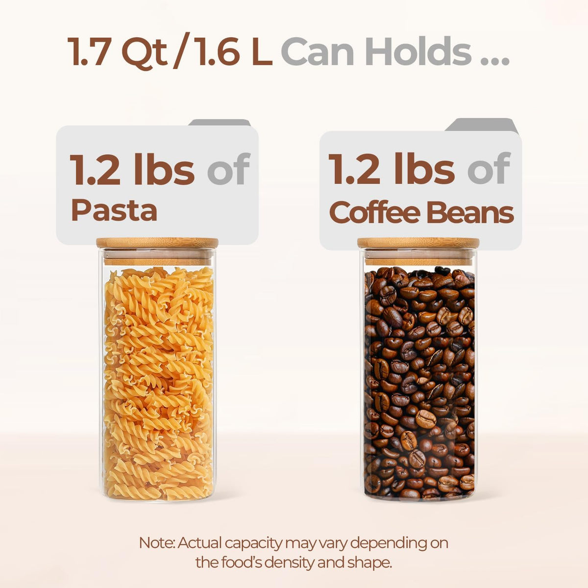 Glass Storage Containers with Lids, Set of 6 Jars (0.6Qt/1Qt/1.5Qt) | Glass Pantry Storage Containers, Pantry Organization, BPA Free, Kitchen Canisters, Dry Food Flour Cereal Sugar Tea Coffee