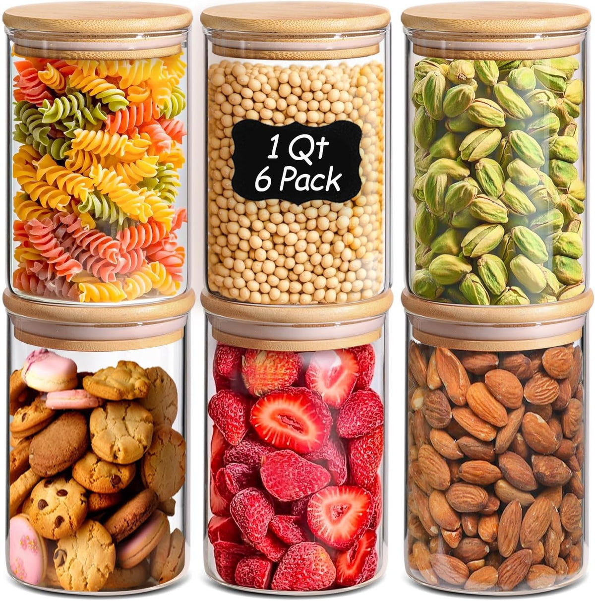 Glass Storage Containers with Lids, Set of 6 Jars (0.6Qt/1Qt/1.5Qt) | Glass Pantry Storage Containers, Pantry Organization, BPA Free, Kitchen Canisters, Dry Food Flour Cereal Sugar Tea Coffee