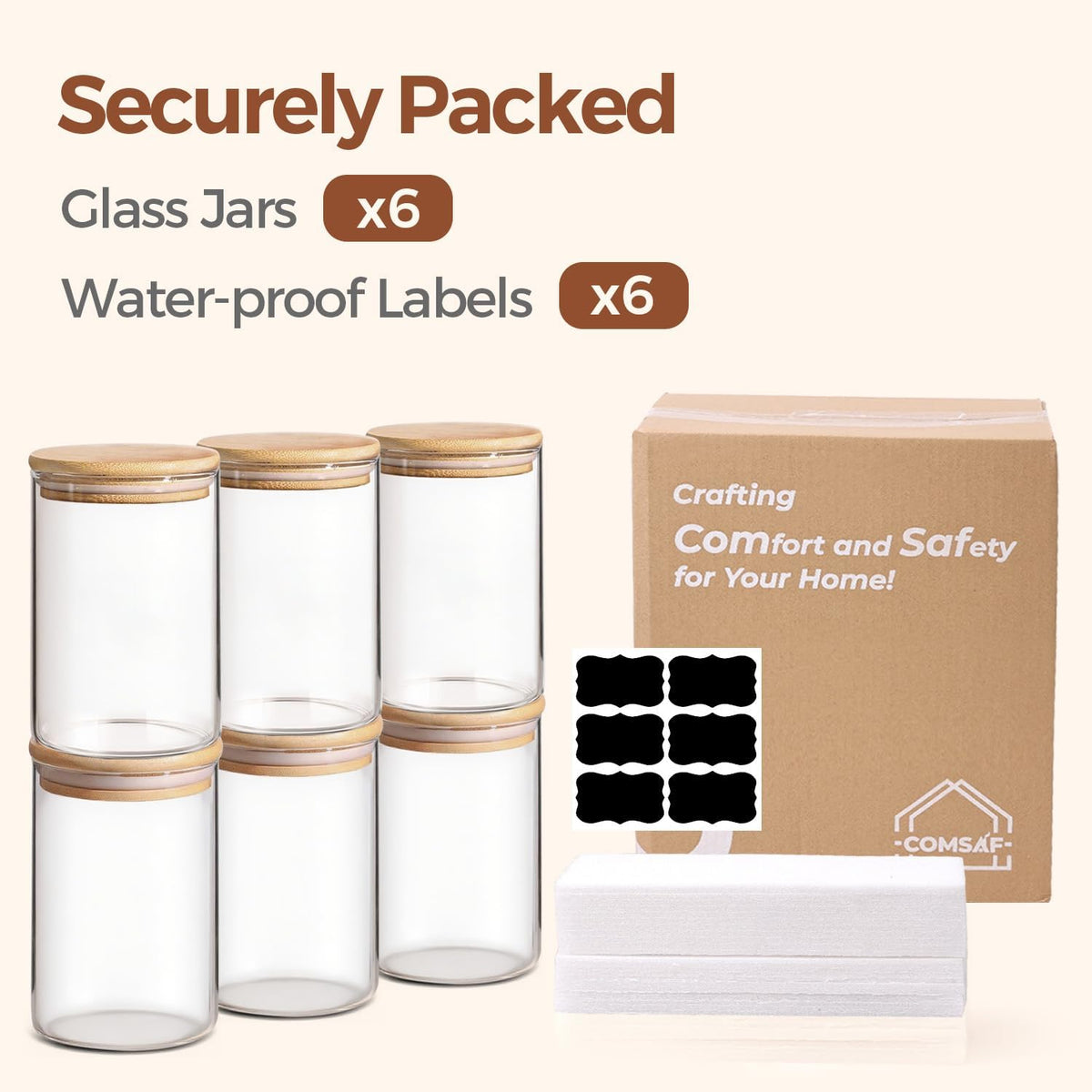 Glass Storage Containers with Lids, Set of 6 Jars (0.6Qt/1Qt/1.5Qt) | Glass Pantry Storage Containers, Pantry Organization, BPA Free, Kitchen Canisters, Dry Food Flour Cereal Sugar Tea Coffee
