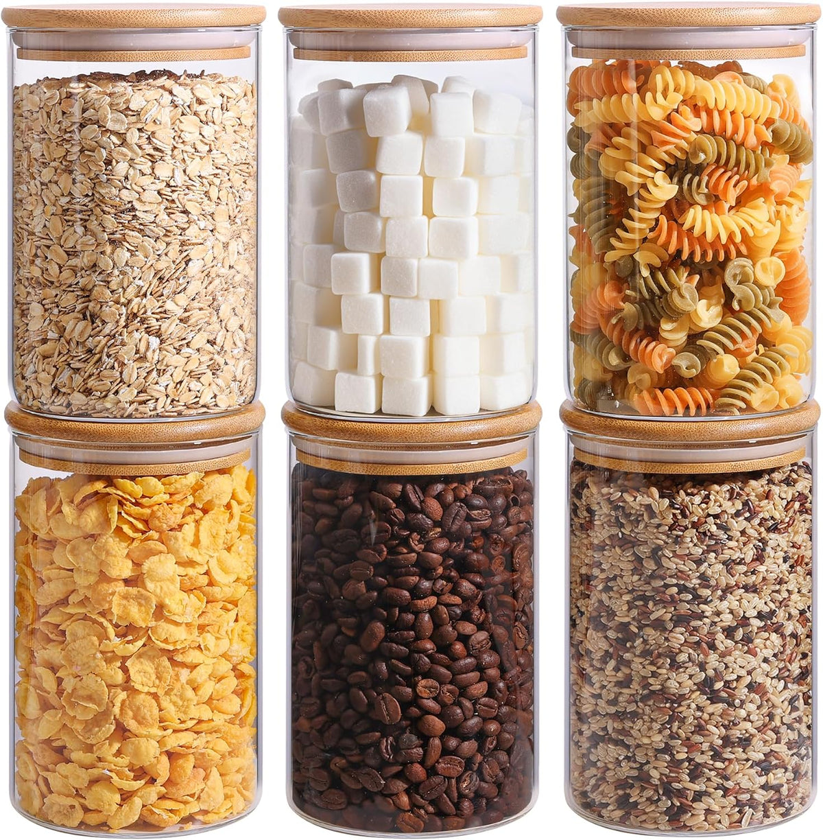 Glass Storage Containers with Lids, Set of 6 Jars (0.6Qt/1Qt/1.5Qt) | Glass Pantry Storage Containers, Pantry Organization, BPA Free, Kitchen Canisters, Dry Food Flour Cereal Sugar Tea Coffee