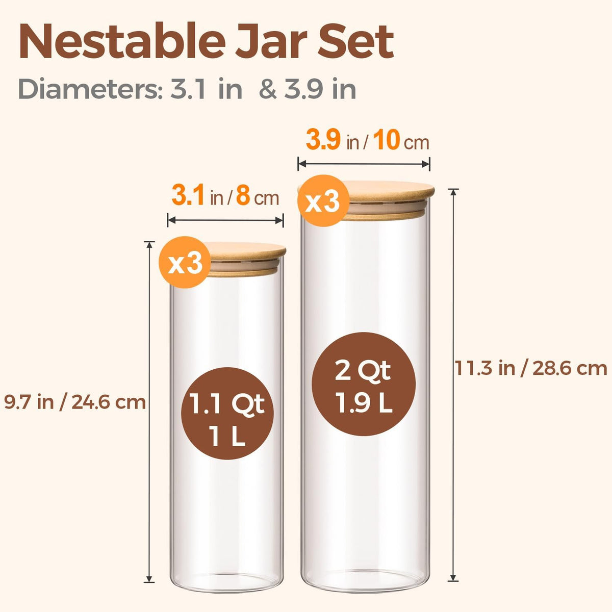 Glass Storage Containers with Lids, Set of 6 Jars (0.6Qt/1Qt/1.5Qt) | Glass Pantry Storage Containers, Pantry Organization, BPA Free, Kitchen Canisters, Dry Food Flour Cereal Sugar Tea Coffee