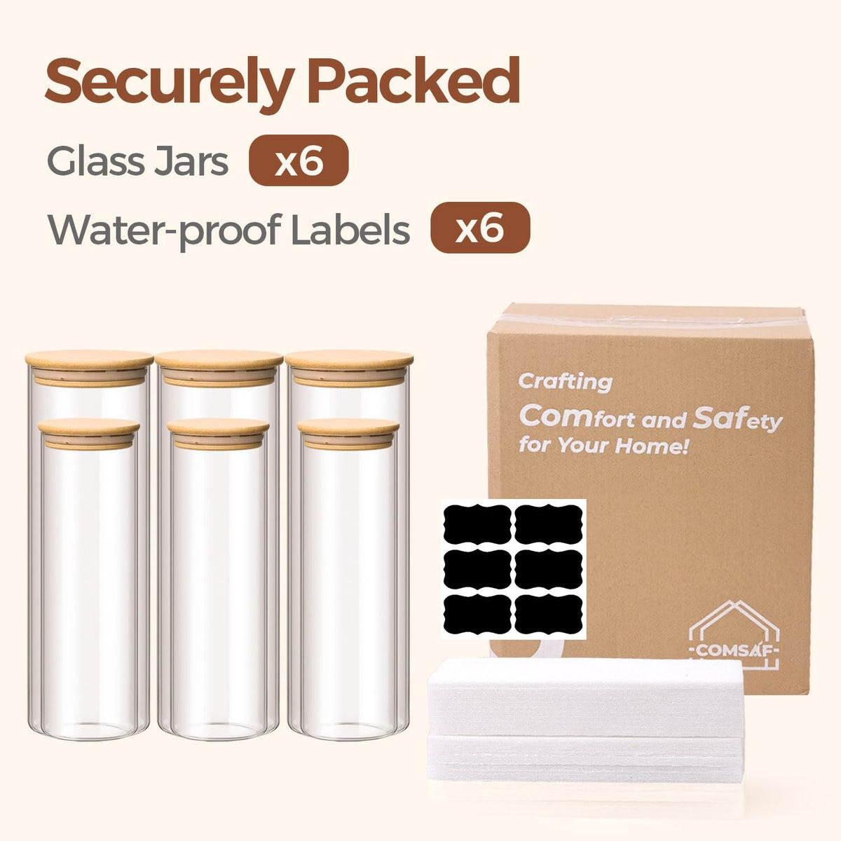 Glass Storage Containers with Lids, Set of 6 Jars (0.6Qt/1Qt/1.5Qt) | Glass Pantry Storage Containers, Pantry Organization, BPA Free, Kitchen Canisters, Dry Food Flour Cereal Sugar Tea Coffee